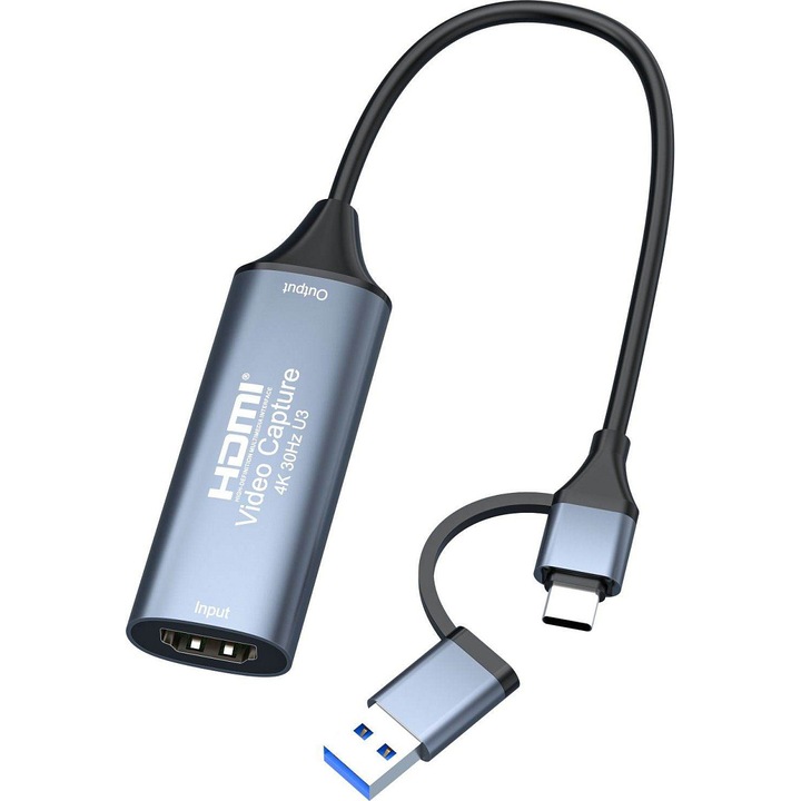 HDMI videó rögzítő/grabber PremiumCord 4K 30Hz U3, Full HD 1080P 60Hz felvétel, USB3.0/USB-C plug-and-play, fémes szürke, 64x28x13 mm