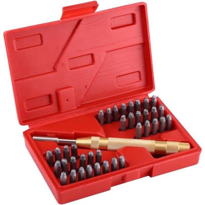 Set stampile litere si cifre, 38 piese, otel, automat, 17x11x3.7cm