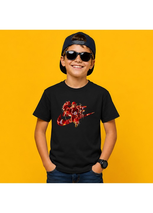 Tricou Copii The Flash Erou Viteza Rosu Logo Urban Paint Splash Design, Negru