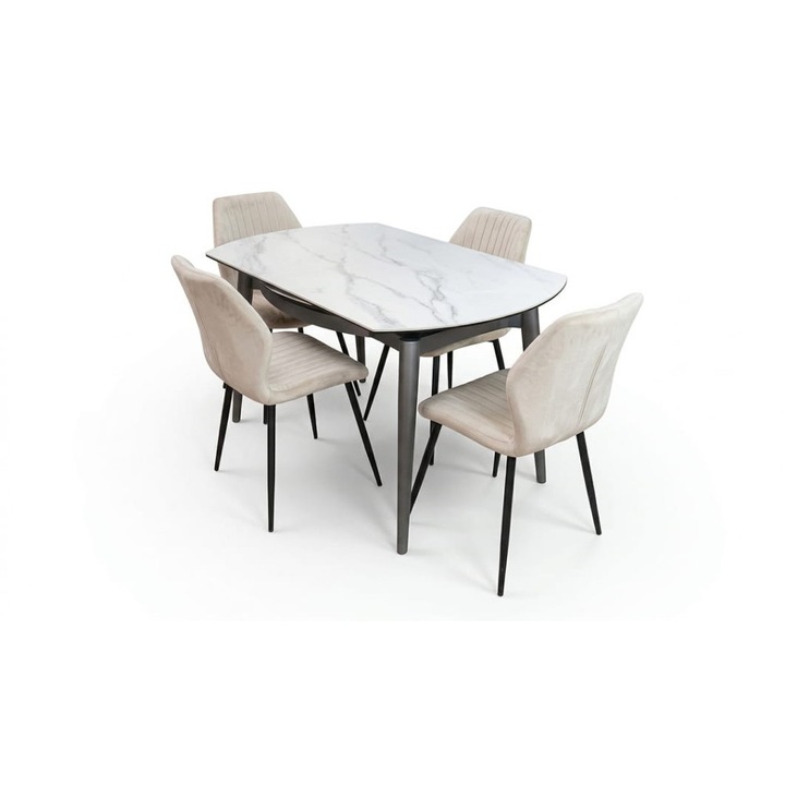 Set Masa Living Extensibila CT106 Blat Ceramic Alb cu 4 Scaune Tapitate KJC104 Bej
