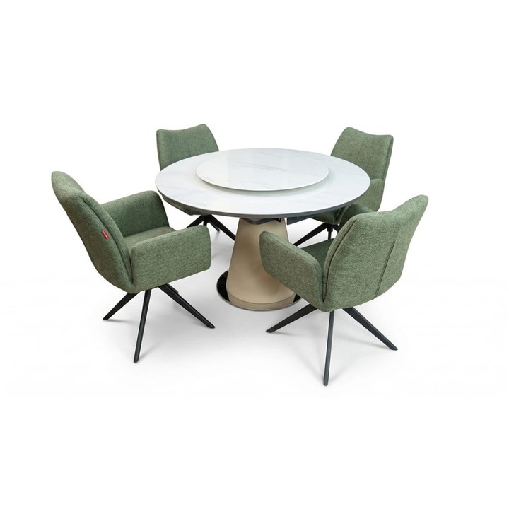 Set Masa Living Extensibila CT163 Blat Ceramic Alb cu 4 Scaune Rotative KJC77 Verzi