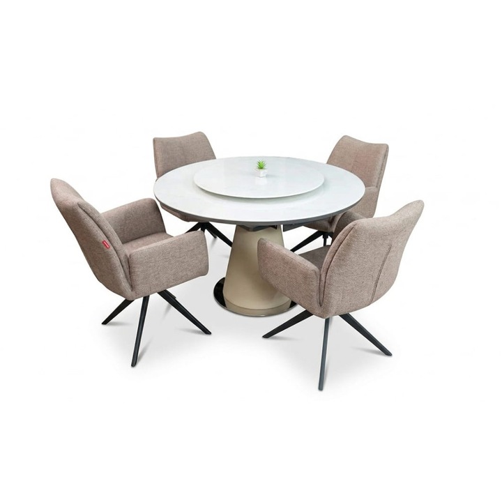Set Masa Living Extensibila CT163 Blat Ceramic Alb cu 4 Scaune Rotative KJC77 Maro