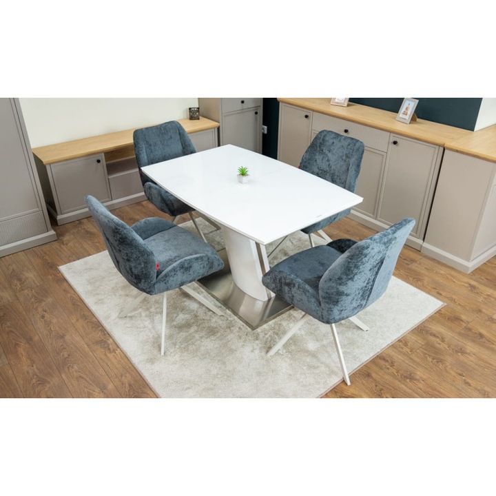 Set Masa Living Extensibila KJT380 Blat Lucios Alb cu 4 Scaune Rotative DCM0104CS Gri