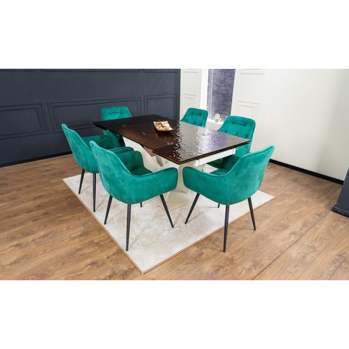 Set Masa Living Extensibila CT242 Blat Sticla Securizata cu 6 Scaune KJC38 Verzi