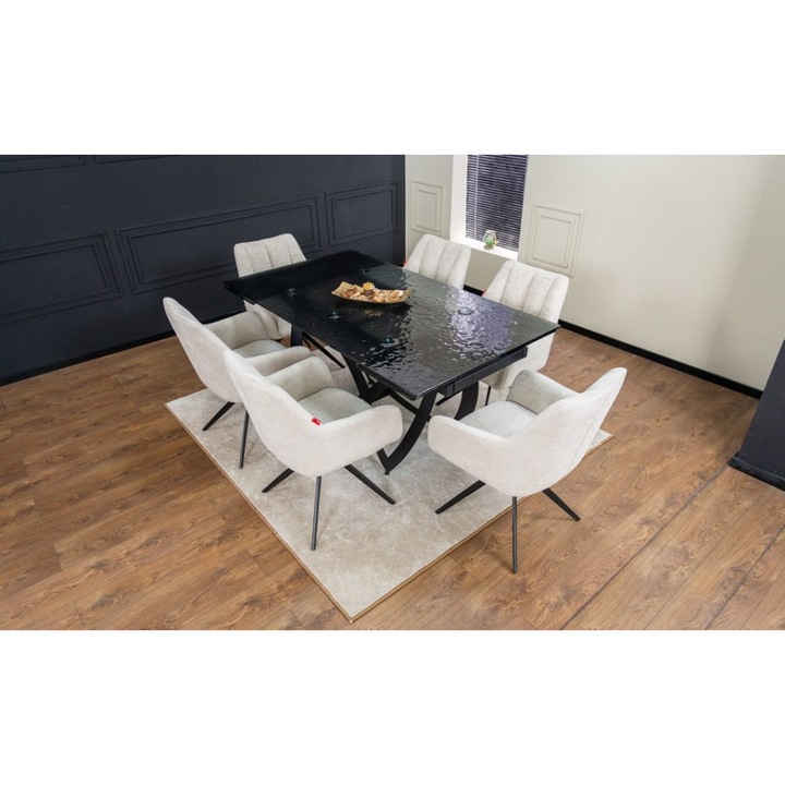 Set Masa Living Extensibila CT241 Blat Sticla Securizata Neagra cu 6 Scaune DCM0112AS Bej