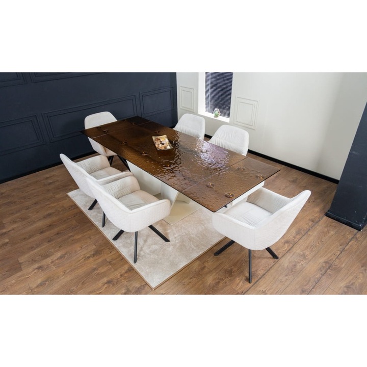 Set Masa Living Extensibila CT242 Blat Sticla Securizata cu 6 Scaune KJC3846 Bej
