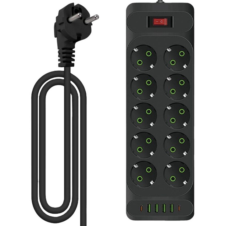 Prelungitor prize / power strip, 10 prize, 4 porturi USB + 2 porturi Type-C, comutator, cablu 2 m, 2500W, negru
