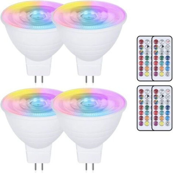 Bec MR16 LED GU5.3, 3W, dimabil cu telecomanda, functie memorie, 85-265V AC/DC, Multicolor/Alb cald 3000K, 4 buc