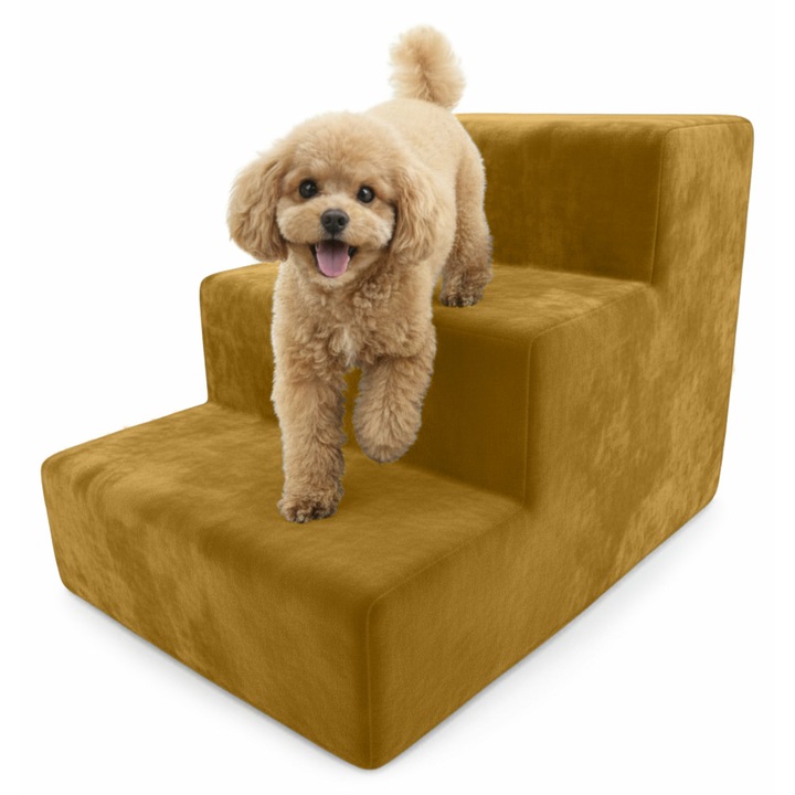 Scara Animale Pentru Caini Pisici 31x30x46 cm 3 MAGIC VELVET Trepte Husa Detasabila Galben