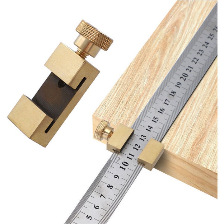 Rigla de pozitionare pentru tamplarie, rigla din otel inoxidabil si bloc din alama, bloc reglabil, precizie 0.5 mm, 30 cm, argintiu/auriu, 1 set