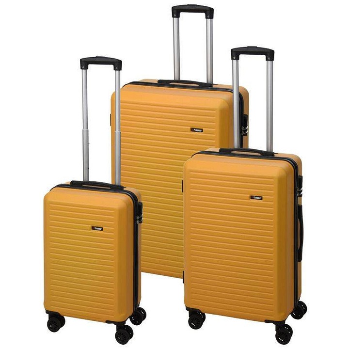 Комплект от 3 куфара за пътуване PROWORLD KO-DG4700040, с 4 въртящи се колела, от устойчив ABS, с комбинирана ключалка, жълт, 56/65/75 см