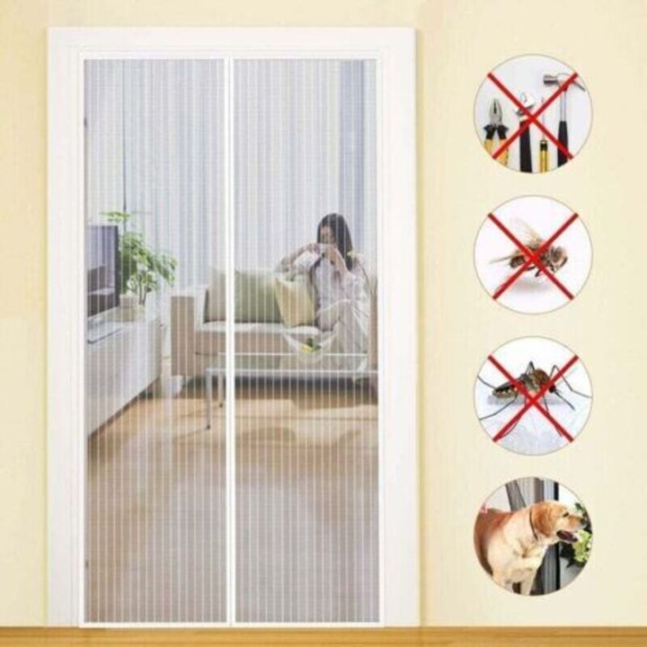 Plasa de usa anti-tantari magnetica, cu plasa ultra-fina din poliester, inchidere automata cu magneti, montaj fara scule cu banda adeziva, pentru copii si animale de companie, Alb, 90x210 cm