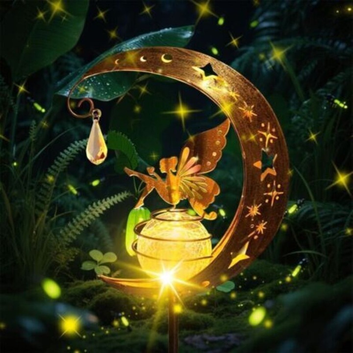 Lampi solare de gradina, design luna, sticla crapata, inox si alama, IP65, 8-10h iluminare