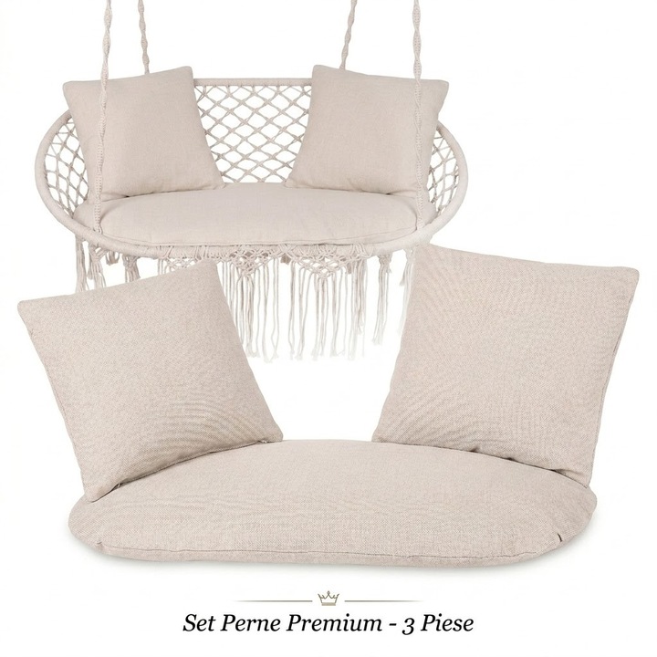 Set 3 perne premium Gardlov, pentru leagan gradina tip cuib barza 2 persoane, perna sezut si 2 perne spatar, lavabile, 110 x 62 x 12 cm, poliester si bumbac, Crem