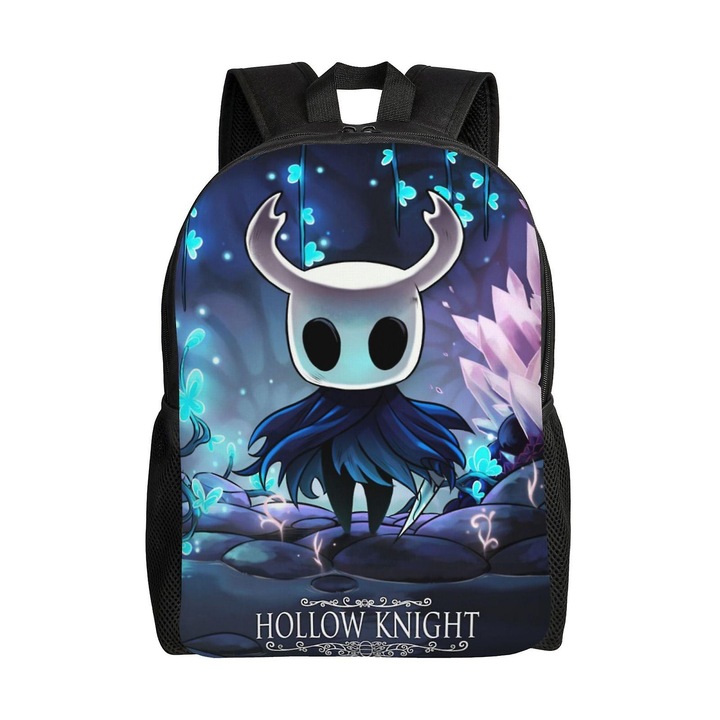 Poliészter iskolatáska, nagy kapacitású és ergonomikus, párnázott vállpántokkal, Hollow Knight modell, Fekete/Többszínű, 41 x 30 x 11.5 cm