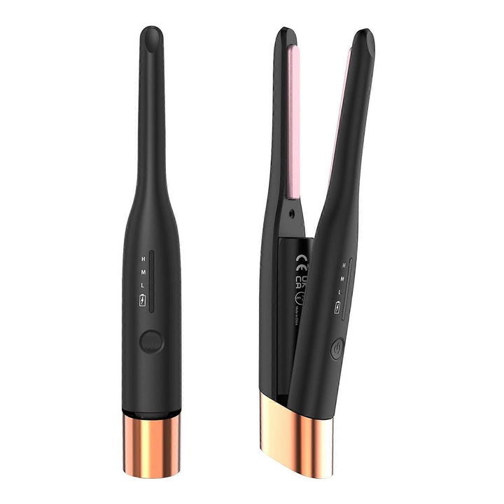 Vezeték nélküli mini hajvasaló, turmalin kerámia, újratölthető 4800mAh, 40 perc üzemidő, 3/10 hüvelykes lapok, gyors felmelegedés 30 mp, 3 hőmérséklet fokozat 320-356-392°F, Fekete, 22x2.9x3.6 cm