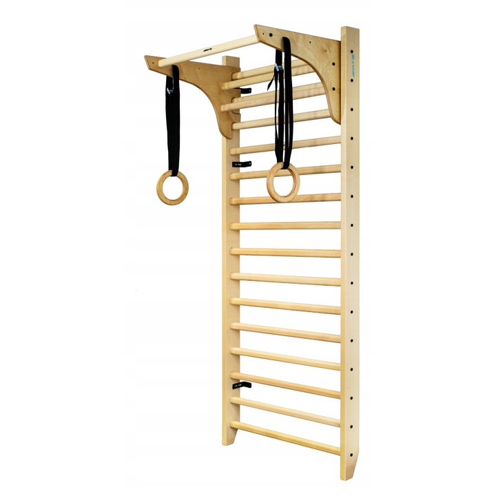 Scara de gimnastica din lemn de fag, 15 trepte + 3 bare suplimentare, trepte ovale 30x40 mm, natural, 220x80x10 cm