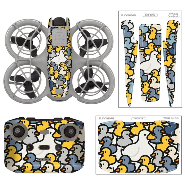 Set folii de protectie (autocolante) Sunnylife NE-TZ870-5, pentru DJI NEO si controler RC-N3, model Cute Ducks, rezistent la apa si UV, Multicolor, 1 set