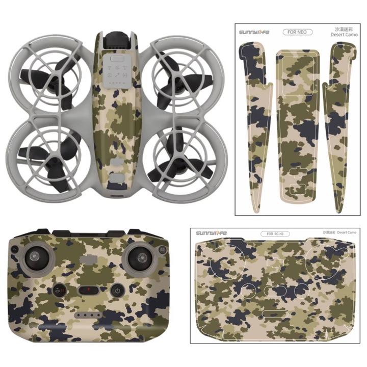 Set folii de protectie Sunnylife NE-TZ870-9, pentru DJI NEO si controler RC-N3, cu decupaje precise, rezistent la UV si apa, Desert Camo, 1 set (20 g)