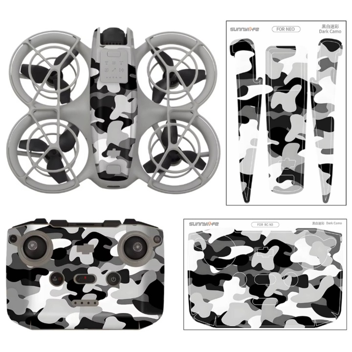 Set autocolante Sunnylife NE-TZ870-10, folie protectie predecupata pentru DJI NEO si controler RC-N3, Dark Camo, rezistenta la apa si UV, 1 set