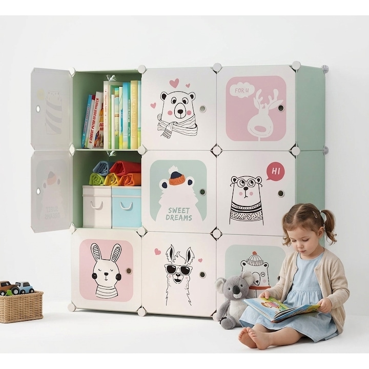 Dulap Modular Copii DreamAnimals Indiggo®, Organizator Jucarii si Haine, 9 Compartimente cu Usi, Raft pentru Camera Copilului, Biblioteca Modulara, Greutate Maxima Suportata Aproximativ 5 kg / Compartiment, Dimensiuni - 110x110x37 cm, 3 Ani+, Green