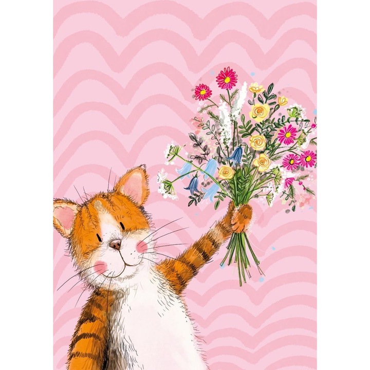 Felicitare/Cartonas Alex Clark Pisica si buchet de primavara, cu plic inclus, ilustratie simpatica, multicolor, 1 buc