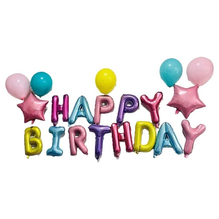 Baloane biodegradabile NInvest set pentru aniversare, baloane de petrecere cu litere happy birthday, multicolor, 22 buc