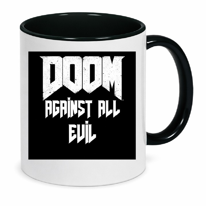 Cana ceramica, 330ml, alb-negru, design DOOM Against All Evil