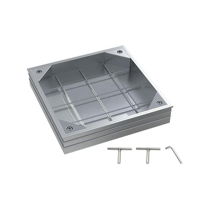Capac de vizitare din aluminiu 300x300x60 mm cu rama, model incastrabil, rezistent la coroziune, capacitate de incarcare pana la 4 tone, pentru utilizare la interior si exterior