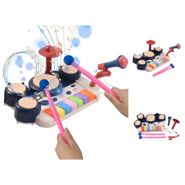 Jucatie interactiva, Toba Muzicala Interactiva ANGMAD cu Pian, Microfon si Lumini, Set Instrumente Copii, 4 Tobe, 7 Clape, ABS, Multicolor, 31x21x14.5 cm, varsta min recomandata 3ani+
