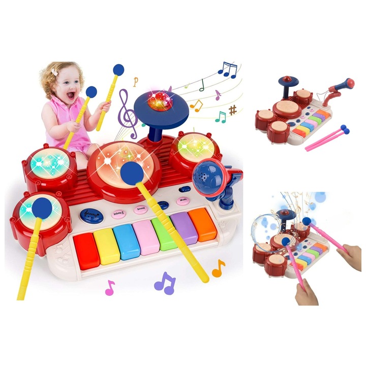 Toba Muzicala Interactiva ANGMAD cu Pian, Microfon si Lumini, Set Instrumente Copii, 4 Tobe, 7 Clape, ABS, Maro Multicolor, 31x21x14.5 cm, varsta min recomandata 3ani+