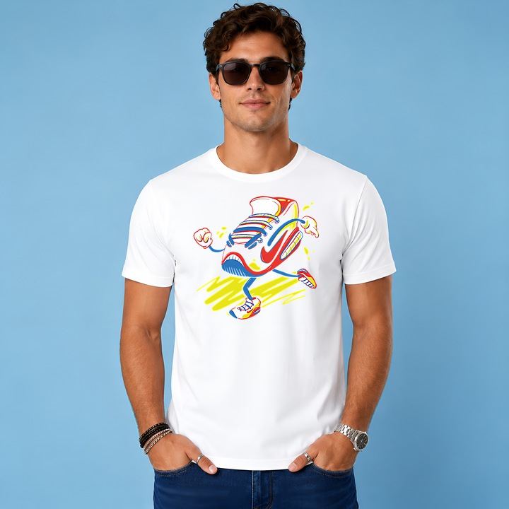 Tricou Walking Sneaker Character Yellow Red Funny Urban Illustration, Barbat, din bumbac 100%, Cri-Flo, CuloareAlb, Marime L