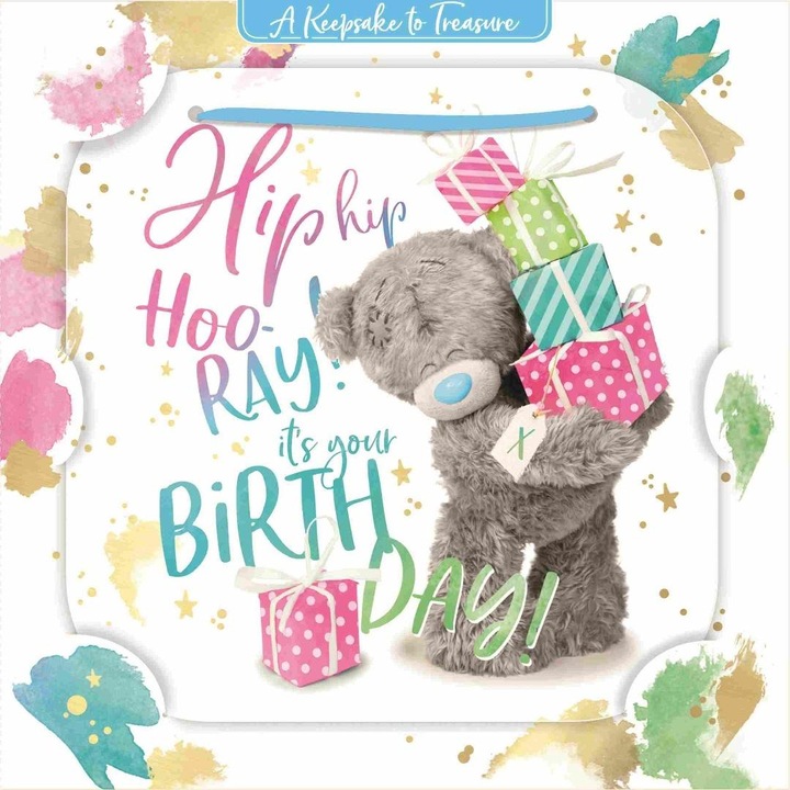 Carte de felicitare Carte Blanche Greetings Ltd. Ursulet cu cadouri, 3D, holografica, 17x17 cm, multicolor, 1 buc