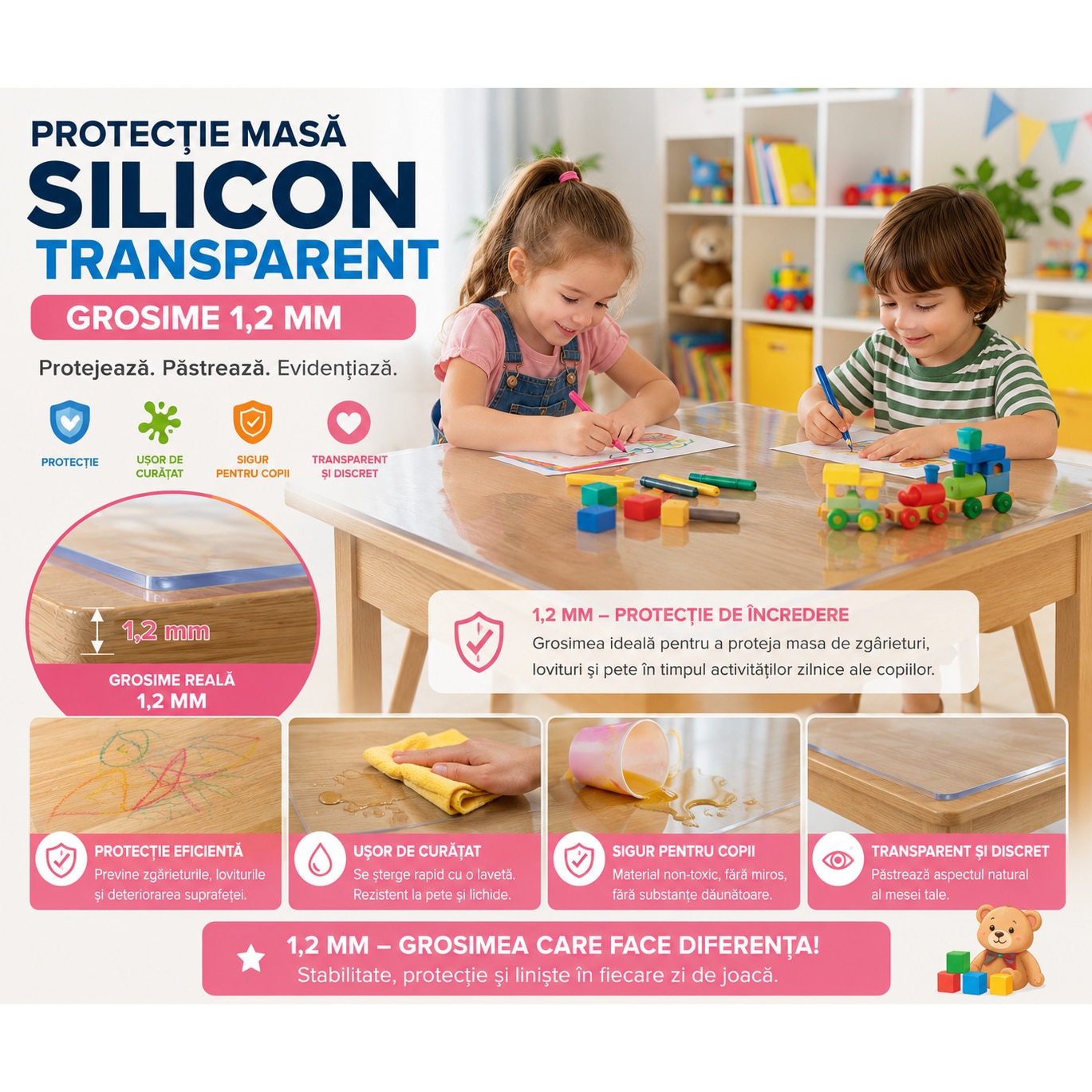 Protectie masa silicon transparent gros 120x80 cm, 1.2 mm, impermeabila ...