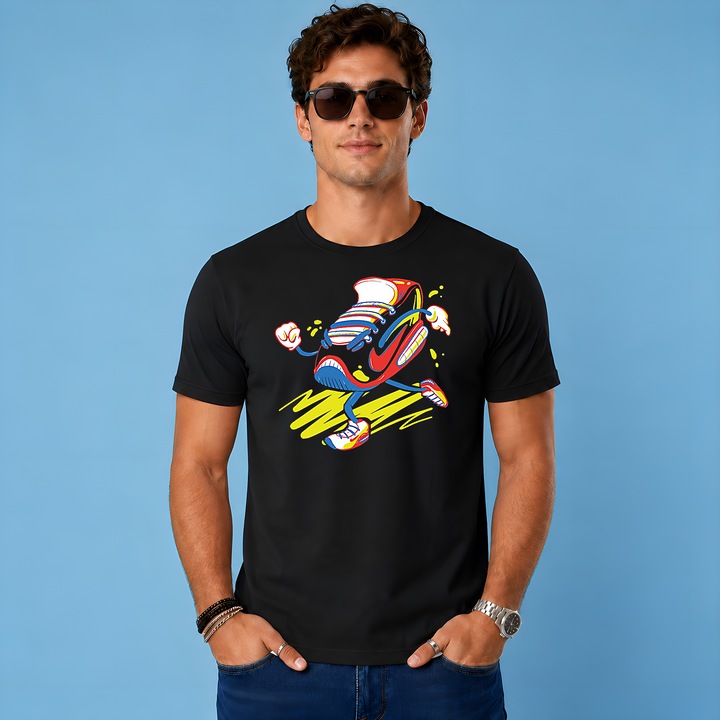 Tricou Walking Sneaker Character Yellow Red Funny Urban Illustration, Barbat, din bumbac 100%, Cri-Flo, CuloareNegru, Marime 2XL