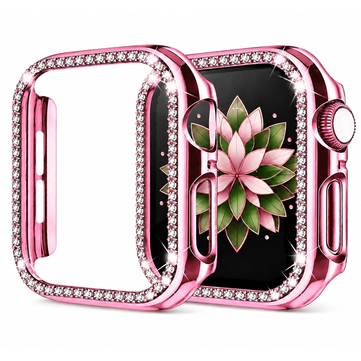 Husa Protectie cu Strasuri pentru Apple Watch Series 10, 46mm, Sticla Securizata, Slim, Full Cover, Roz