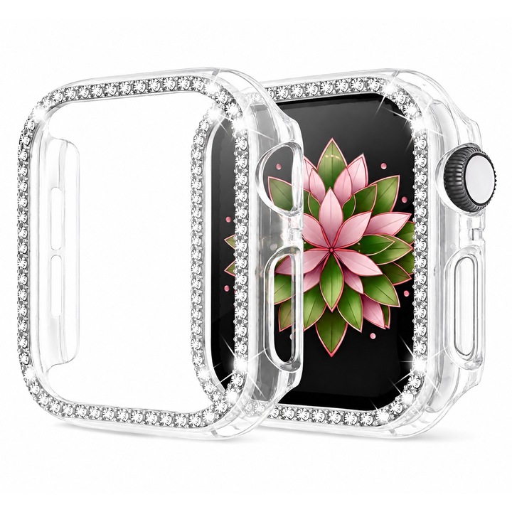 Husa Protectie cu Strasuri pentru Apple Watch Series 10, 46mm, Sticla Securizata, Slim, Full Cover, Transparent