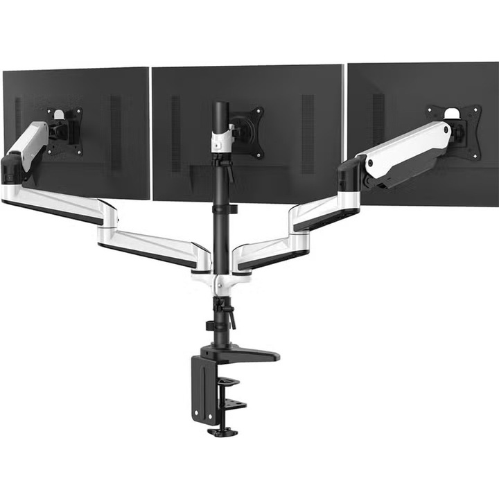 Suport 3 Monitoare Premium pentru Birou 17-32" inch, Arc pe Gaz, pentru Productivitate, Multitasking, Munca, Gaming, Organizator Cabluri, Instalare Usoara, Ergonomic, VESA 75x75 / 100x100, Pana la 8 kg per brat, Prindere cu Clema/Surub, Alb, Sim Online®