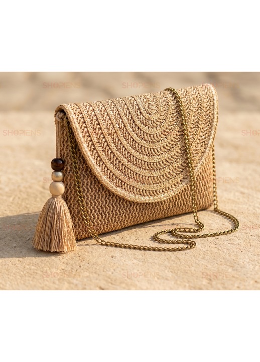 Poseta Crossbody Din Paie Pentru Femei Cu Lant Metalic Franjuri Aurii Margele Buton Magnetic Captuseala 30x22.5 cm
