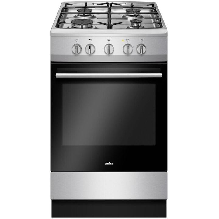 Aragaz Amica 57GGH1.23OFP(XV) 50 cm, 4 arzatoare pe gaz, 1 cuptor pe gaz, negru/otel inoxidabil
