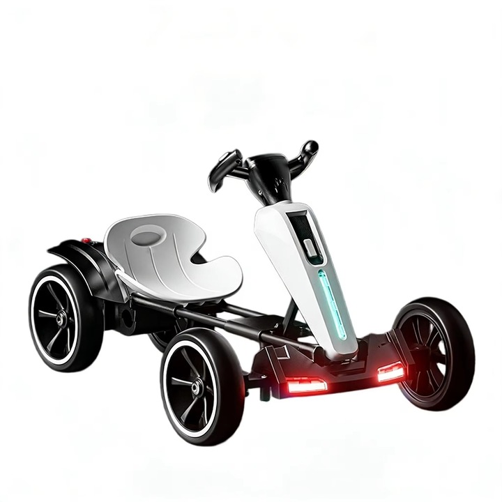 Kart electric copii, 4 roti, Pliabil, Scaun confortabil, Telecomanda parentala, Bluetooth + muzica, Lumini LED, Go-Kart, Welsmar, Alb