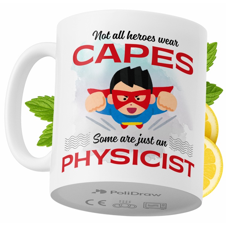 Чаша PoliDraw Physicist, керамика, двустранен сублимационен печат, устойчива на съдомиялна машина и микровълнова печка, Бяла, 330 мл