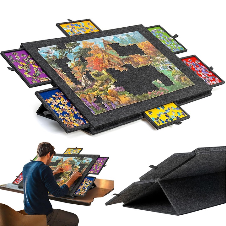 Juksun 2 az 1-ben puzzle asztal dönthető tartóval és védőhuzattal, puzzle tábla 6 fiókkal a rendezéshez, 1000 darabos, szürke, 77x53.6 cm