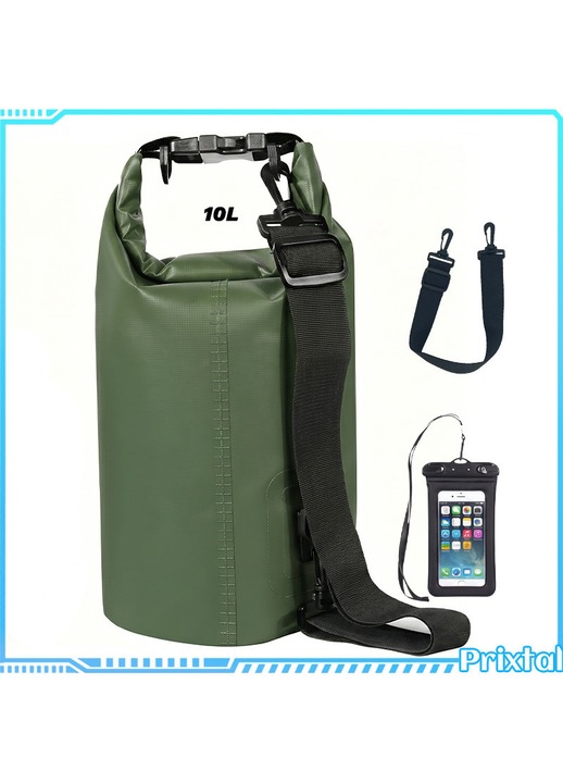 Geanta Impermeabila 10L, PVC Premium, Cusaturi Sudate, Curea Reglabila, cu Husa Telefon, Ideala pentru Drumetii, Camping, Plaja si Activitati Acvatice, Verde
