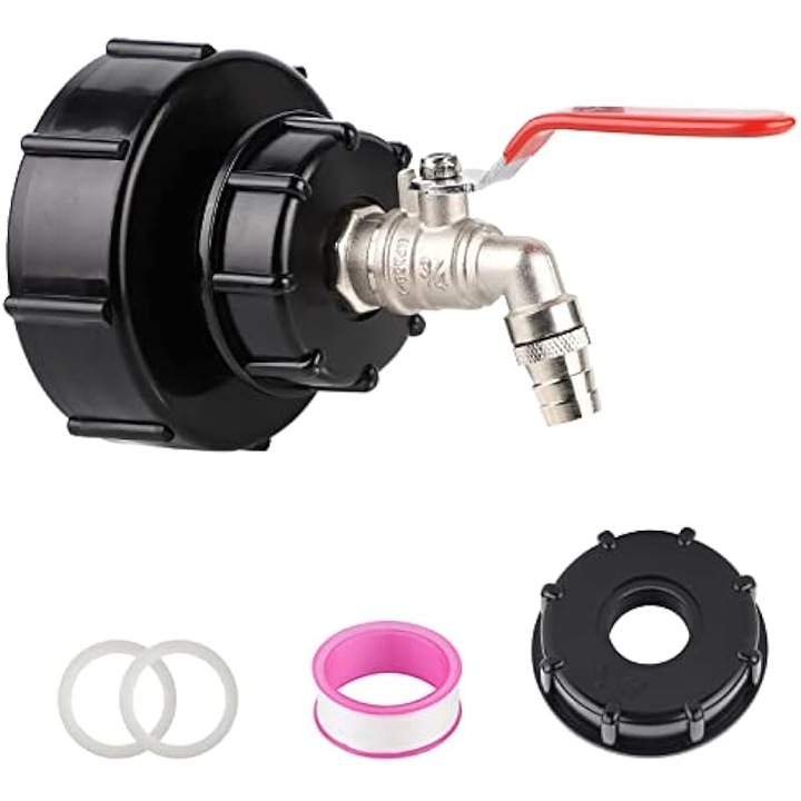 IBC tartály csap/adapter S100x8/S60x6, sárgaréz és PP, 3/4'' durva menet 1000L-hez, golyóscsap karral, tömítésekkel és tömítőszalaggal, Többszínű