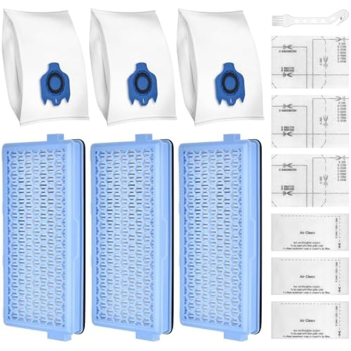 Kit accesorii pentru aspirator compatibil cu seriile Compact C1/C2, Complete C2/C3, S4000-S8999, filtre HEPA SF-HA 50 cu filtrare 99.95% si saci GN 3.5L, 3 x filtre HEPA, 3 x saci GN, 3 x filtre motor/Super Air Clean taiabile, 1 perie, Multicolor