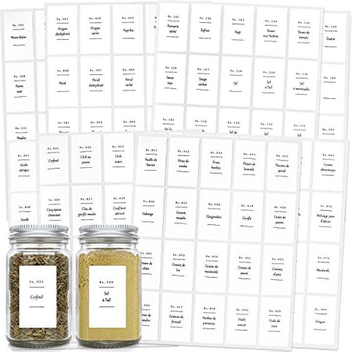 Etichete adezive pentru borcane cu condimente, stickere pentru sticle si borcane, stil francez, autoadezive, 147 etichete presetate + 13 etichete necompletate pentru personalizare, Alb, 160 buc, 3 x 5.2 cm