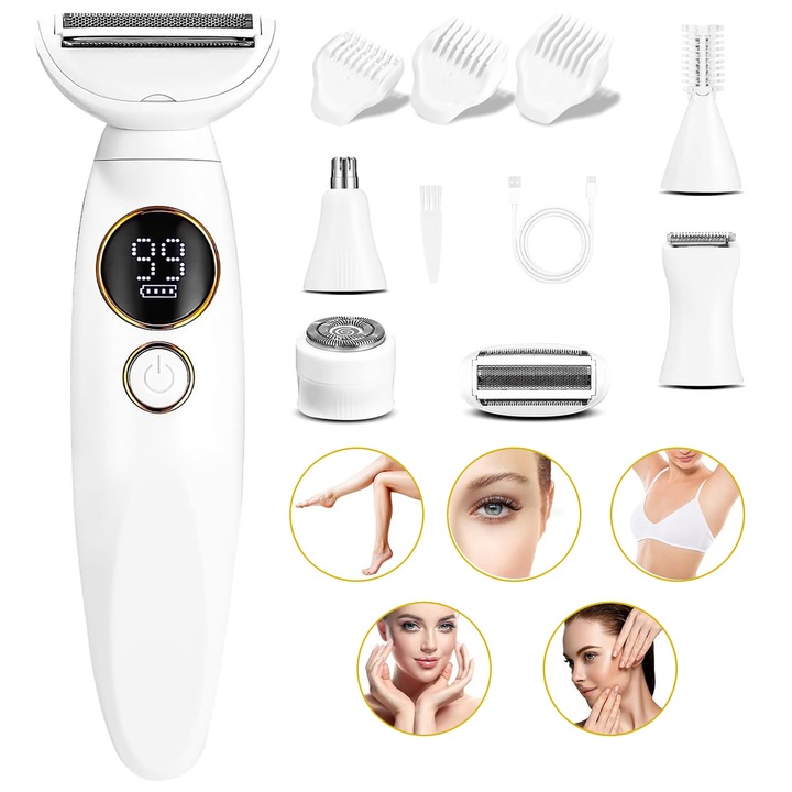 Női borotva 5 az 1-ben, női bikini trimmer, IPX7 vízálló, női intim szőrzetvágó, nedves és száraz, elektromos testszőrzetvágó, karokhoz, fehér