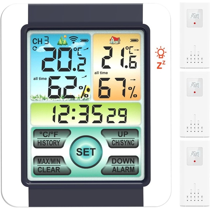 Statie meteo digitala, ceas, barometru, termometru, higrometru, 3 senzori wireless, negru