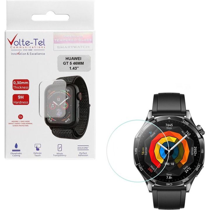 Volte-Tel, Protectie ecran din sticla temperata Full Glue 9H 0.30mm Full Cover 2.5D pentru Huawei Watch GT 5, Transparent, 46 mm